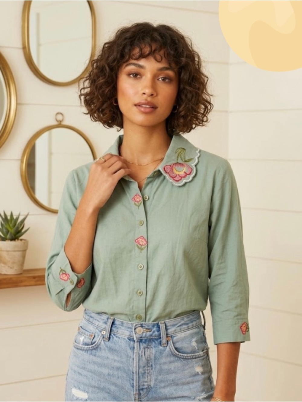 Sage Green Floral Embroidered Blouse Vintage Style